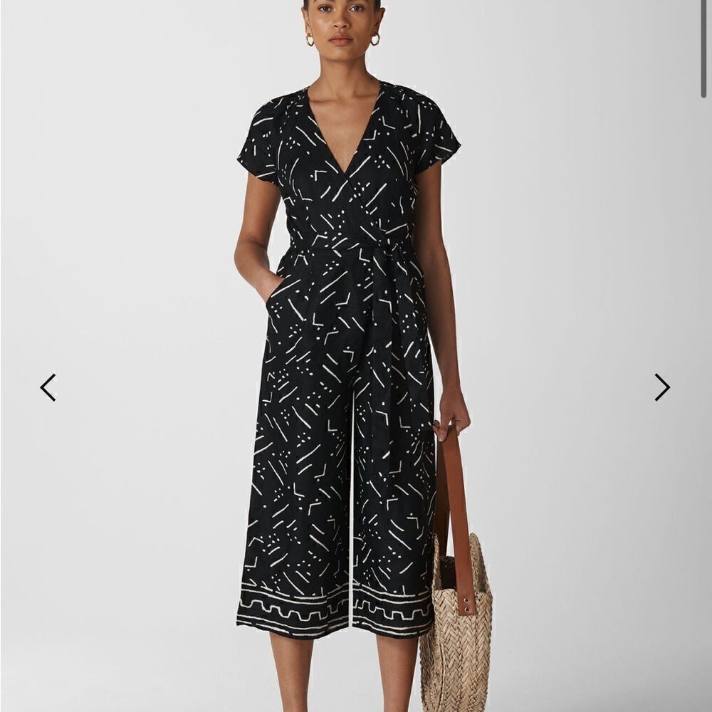 Whistles Etta Linen Jumpsuit Black White Kuba Print